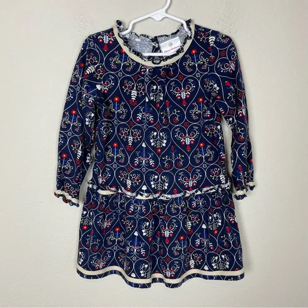 Hanna Andersson Navy Floral Brushed Cotton / Flannel Long Sleeve Dress 100 - 4y